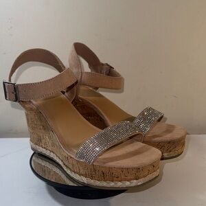 Madden NYC Sparkle Strap Pink Blush Wedge Ankle Strap Sandals - Women’s 9